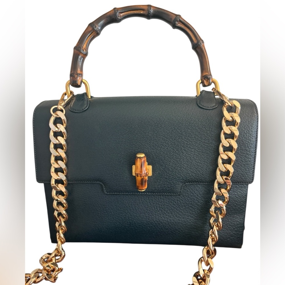 GUCCI VINTAGE BAMBOO Navy Leather Top-Handle Bag with Bamboo Turnlock Accent
